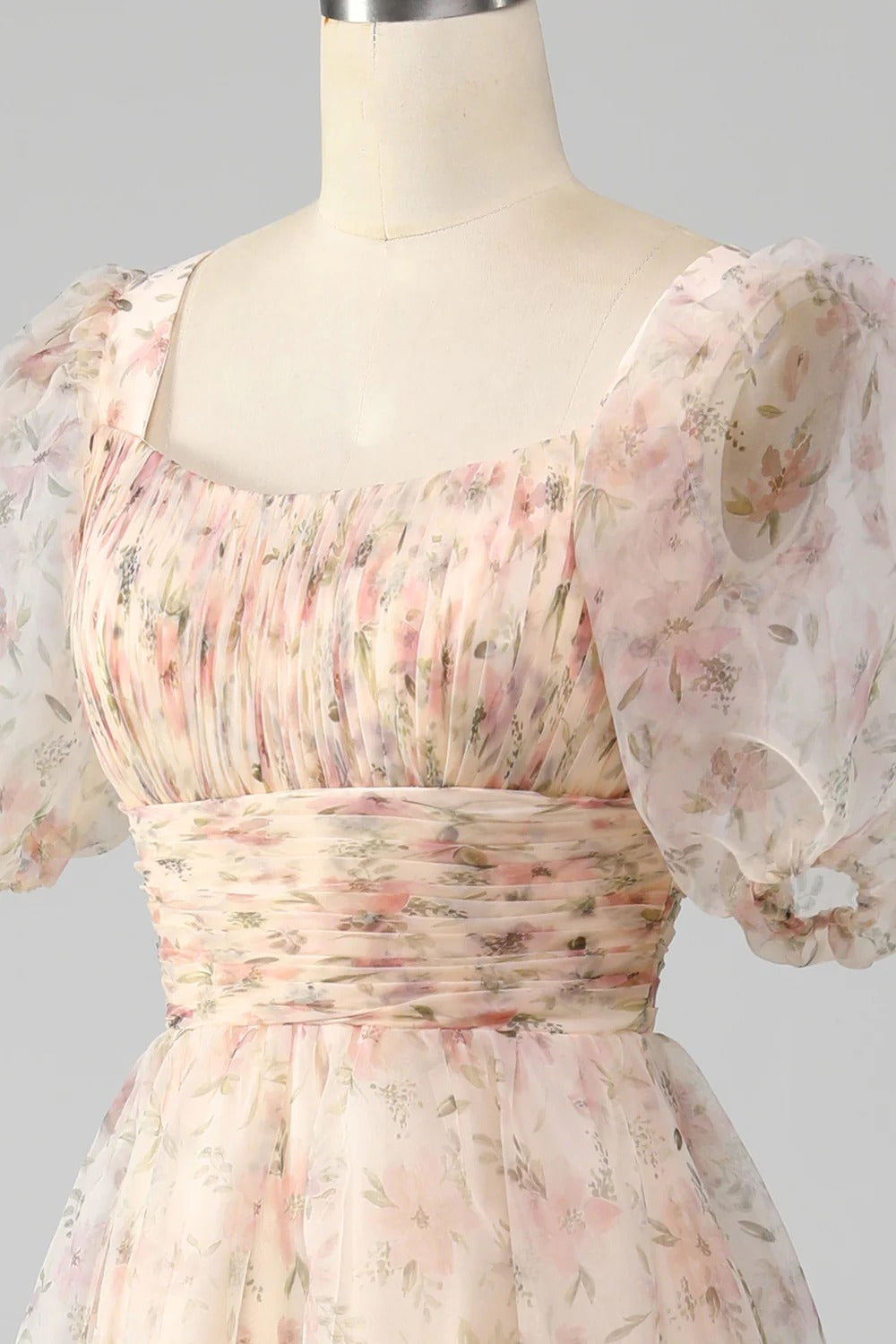 Blush Pink Floral Ruffled Tulle Gown – Puff Sleeve Square Neck Prom Dress with Tiered Skirt