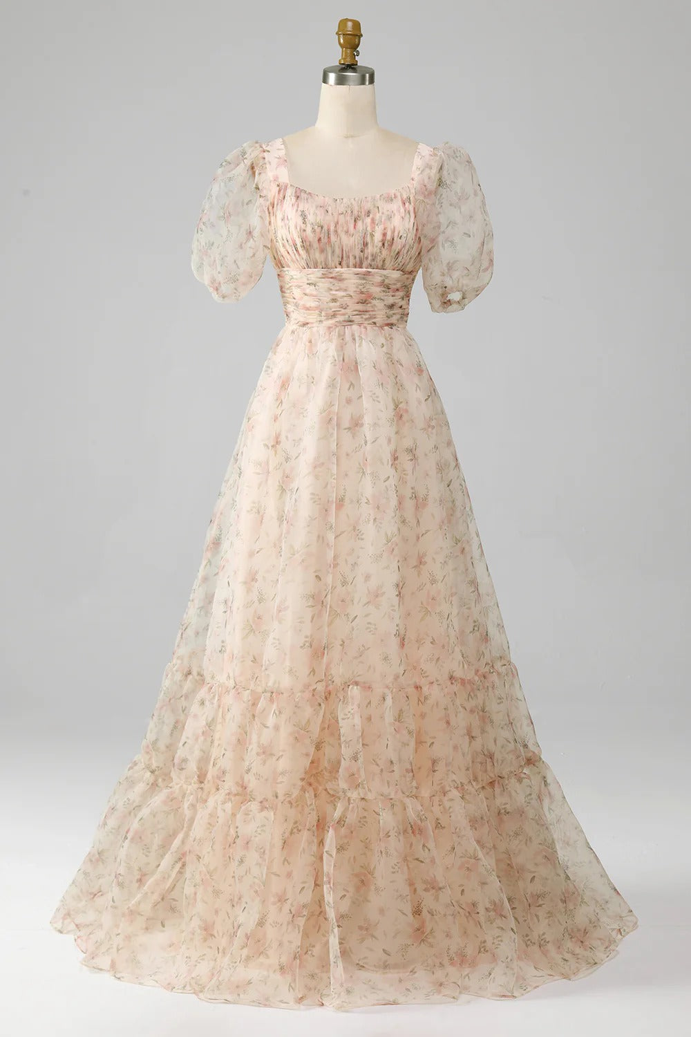 Blush Pink Floral Ruffled Tulle Gown – Puff Sleeve Square Neck Prom Dress with Tiered Skirt