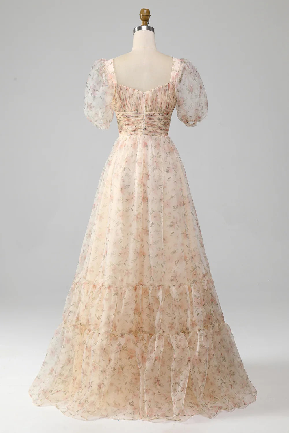 Blush Pink Floral Ruffled Tulle Gown – Puff Sleeve Square Neck Prom Dress with Tiered Skirt