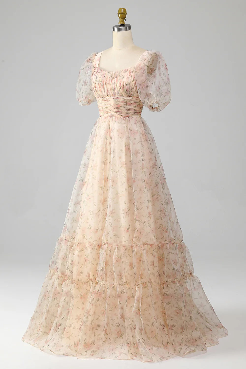 Blush Pink Floral Ruffled Tulle Gown – Puff Sleeve Square Neck Prom Dress with Tiered Skirt