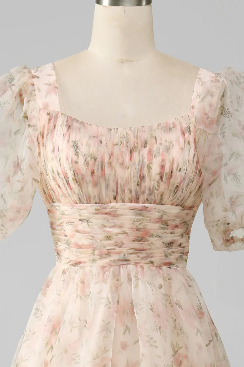 Blush Pink Floral Ruffled Tulle Gown – Puff Sleeve Square Neck Prom Dress with Tiered Skirt