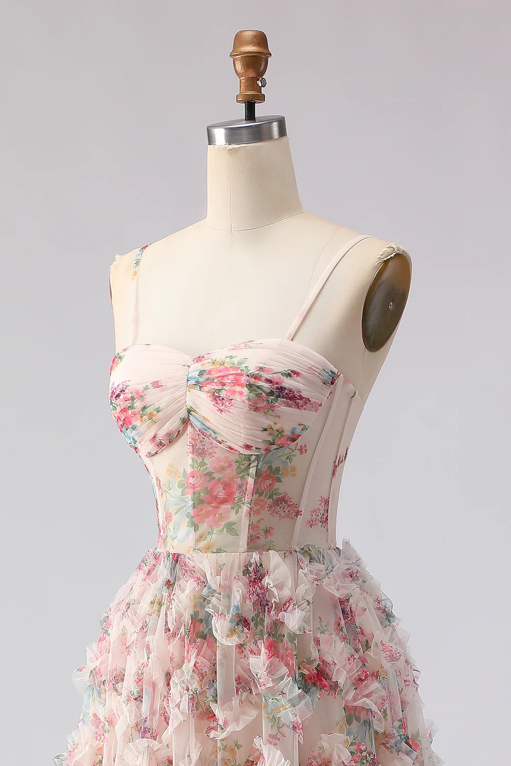 Blush Pink Floral Ruffled Tulle Gown with Lace-Up Back