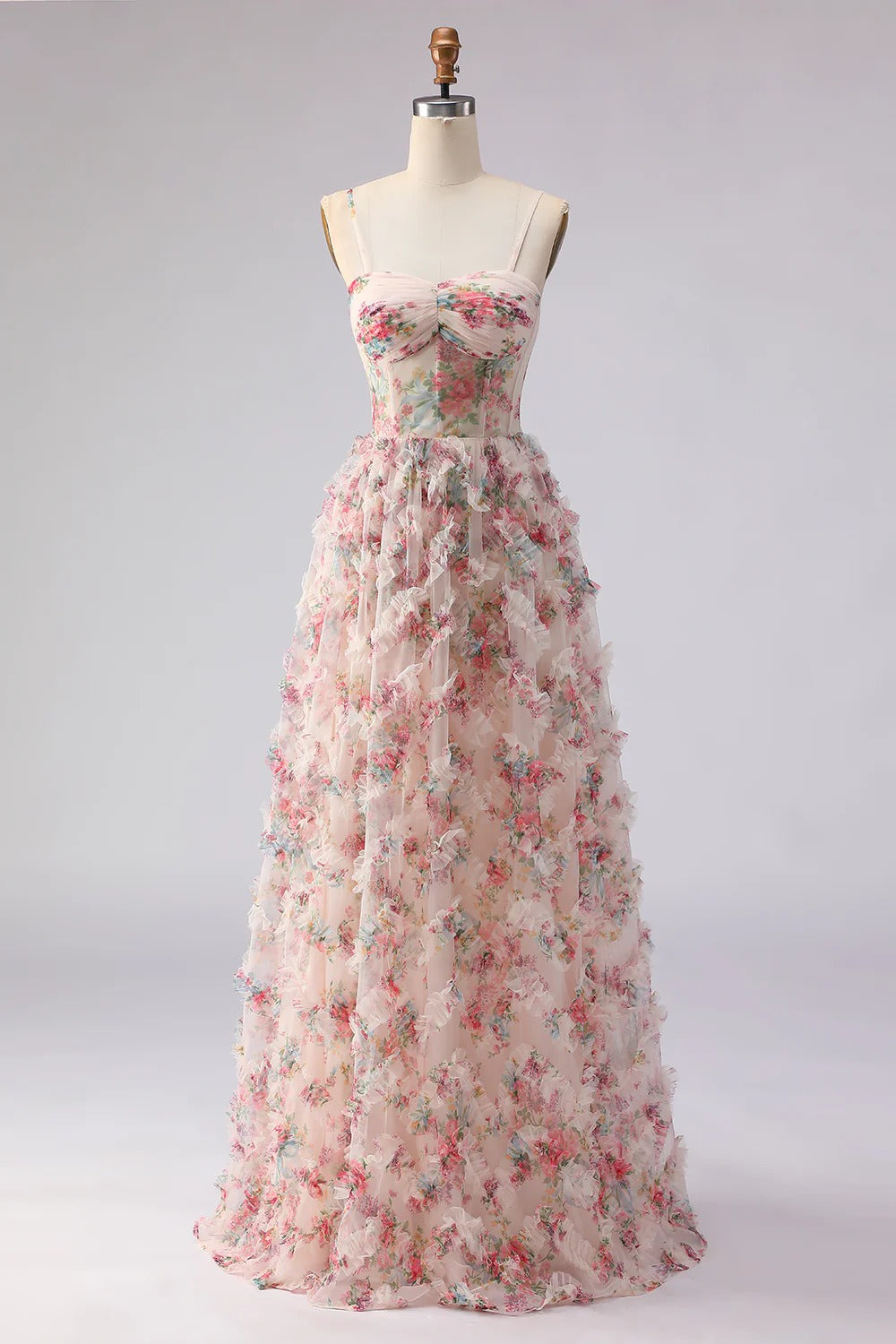 Blush Pink Floral Ruffled Tulle Gown with Lace-Up Back