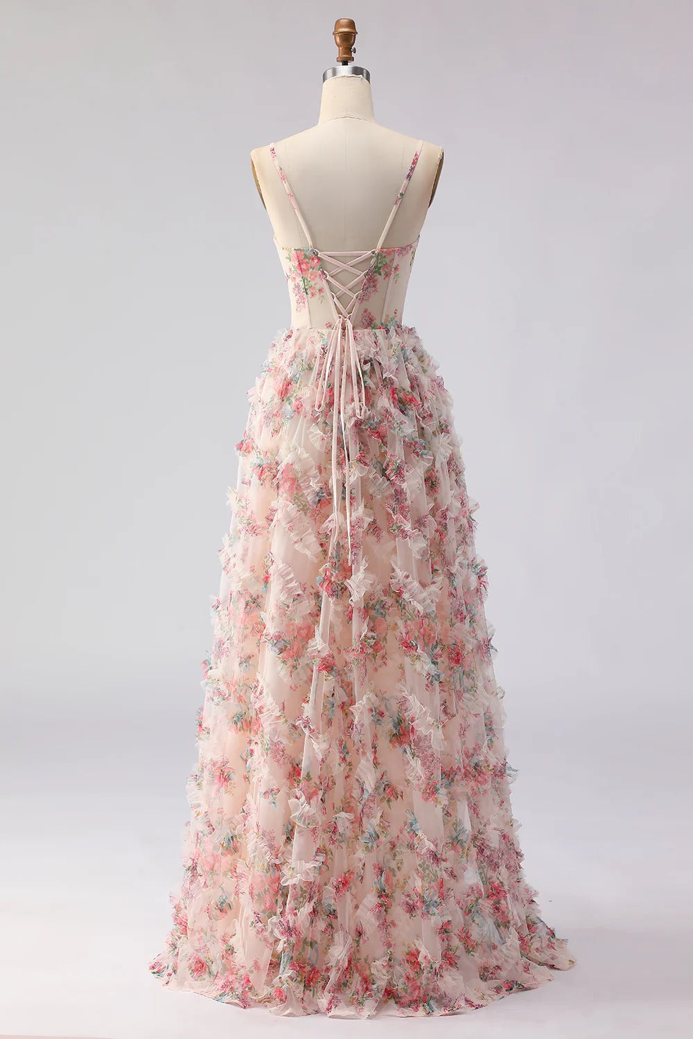Blush Pink Floral Ruffled Tulle Gown with Lace-Up Back