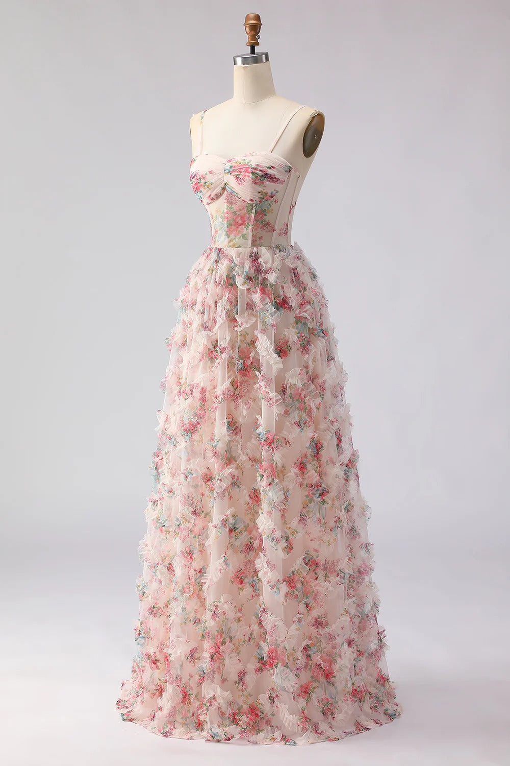 Blush Pink Floral Ruffled Tulle Gown with Lace-Up Back