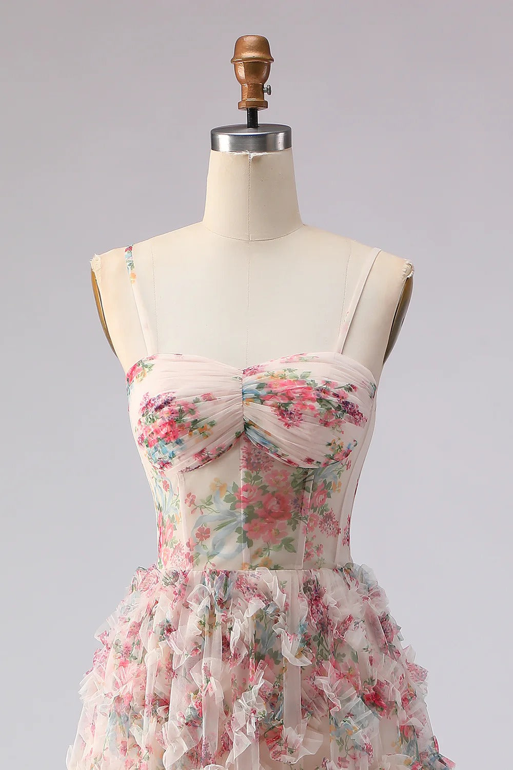 Blush Pink Floral Ruffled Tulle Gown with Lace-Up Back