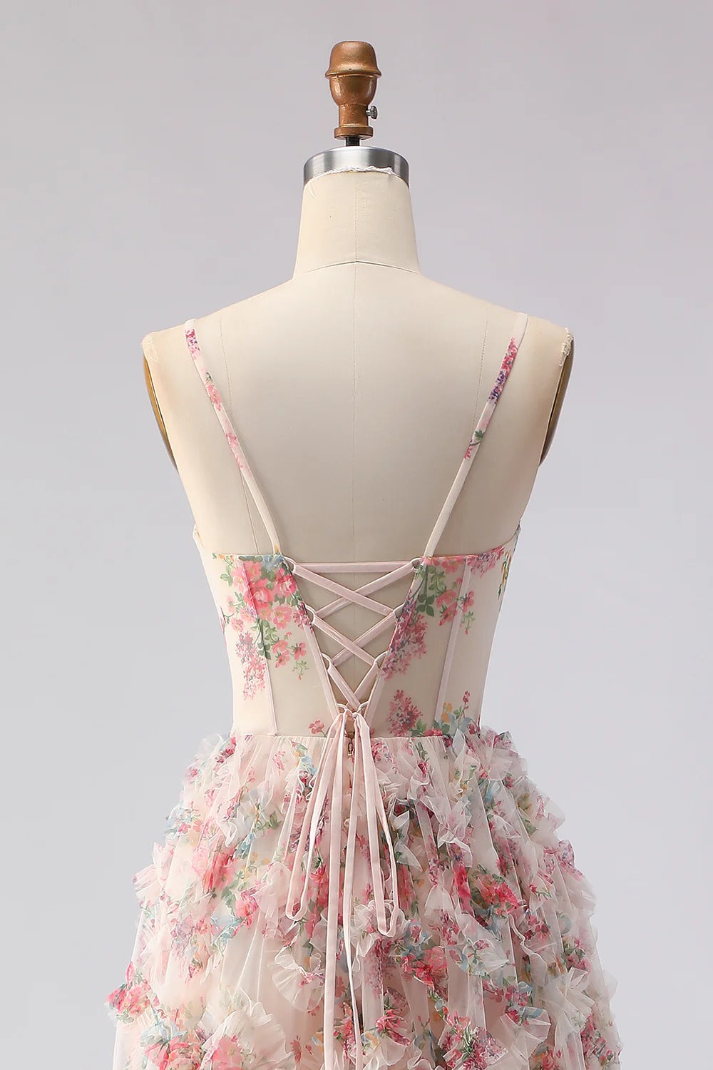 Blush Pink Floral Ruffled Tulle Gown with Lace-Up Back