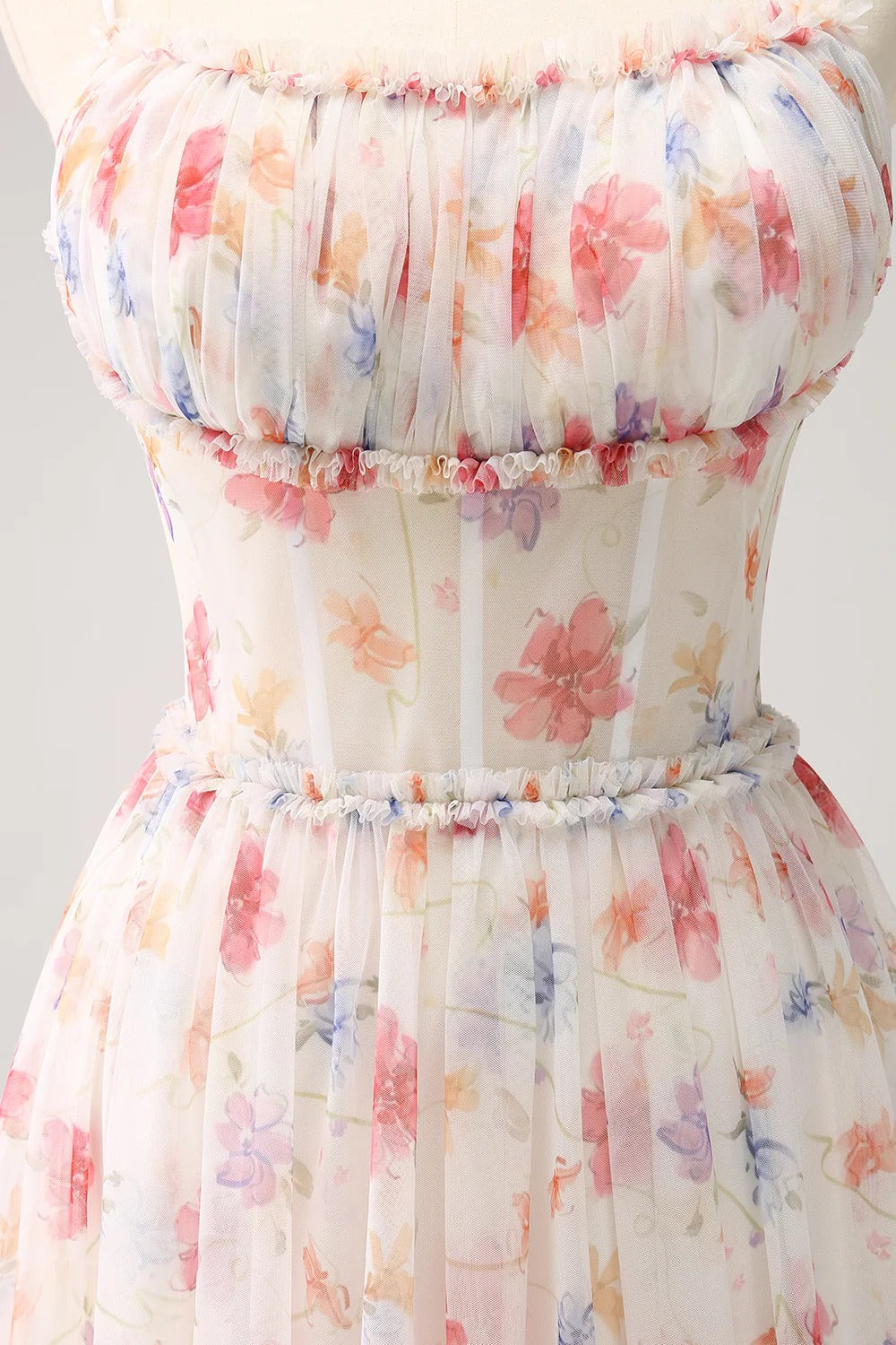 Blush Pink Floral Tulle Spaghetti Strap Maxi Dress with Corset Bodice