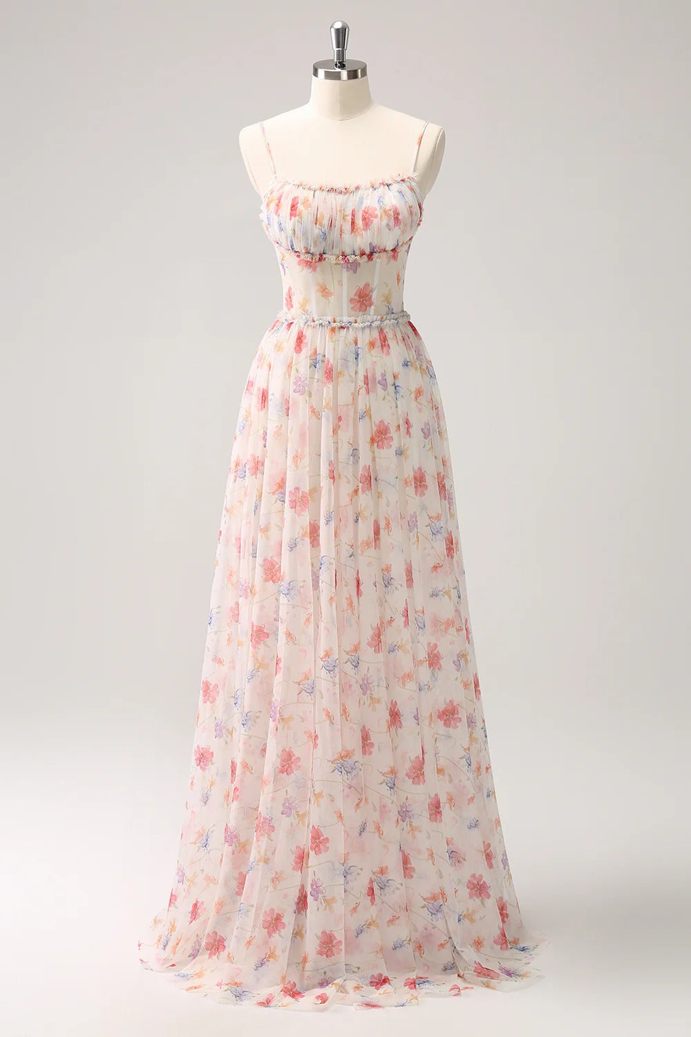 Blush Pink Floral Tulle Spaghetti Strap Maxi Dress with Corset Bodice