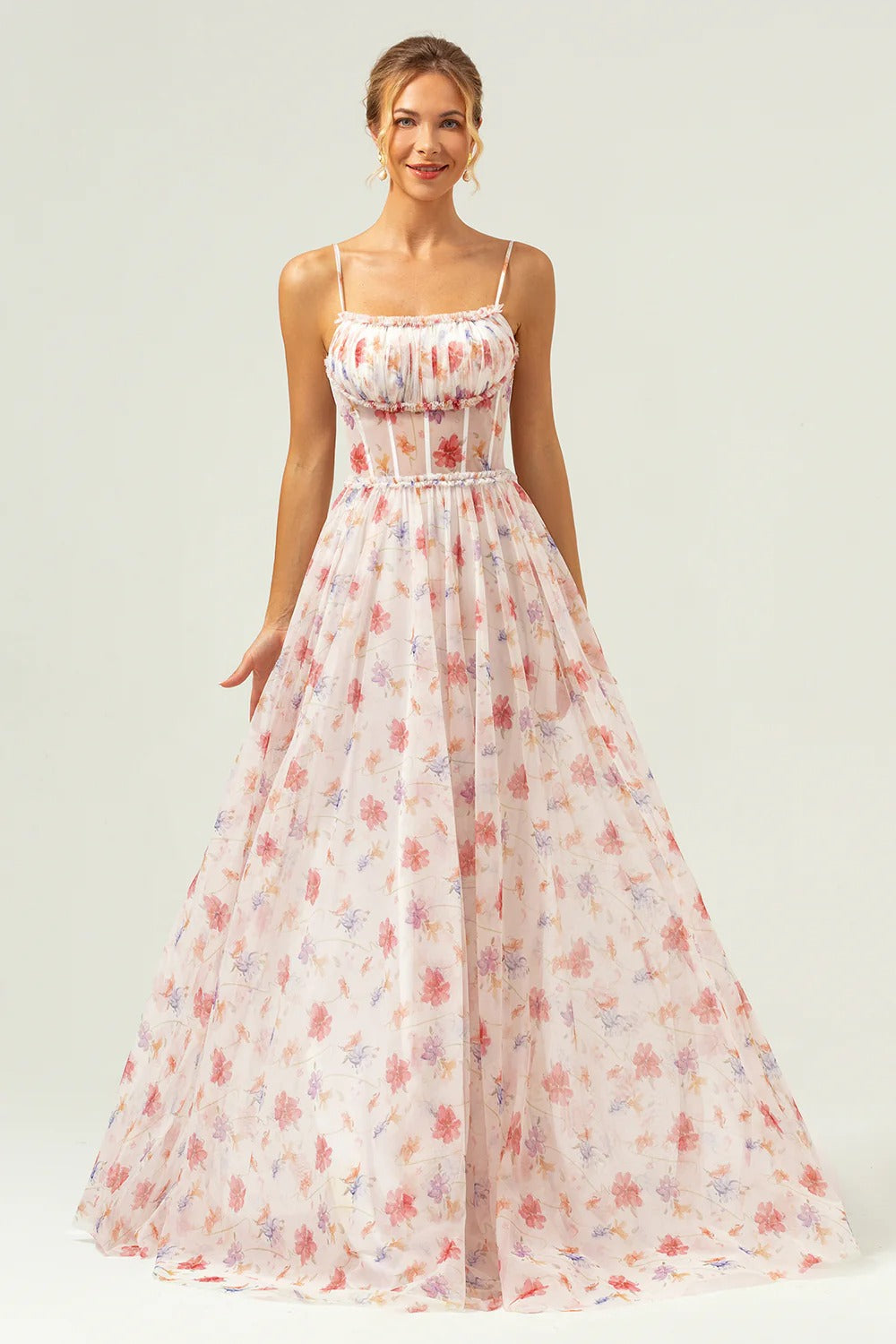 Blush Pink Floral Tulle Spaghetti Strap Maxi Dress with Corset Bodice