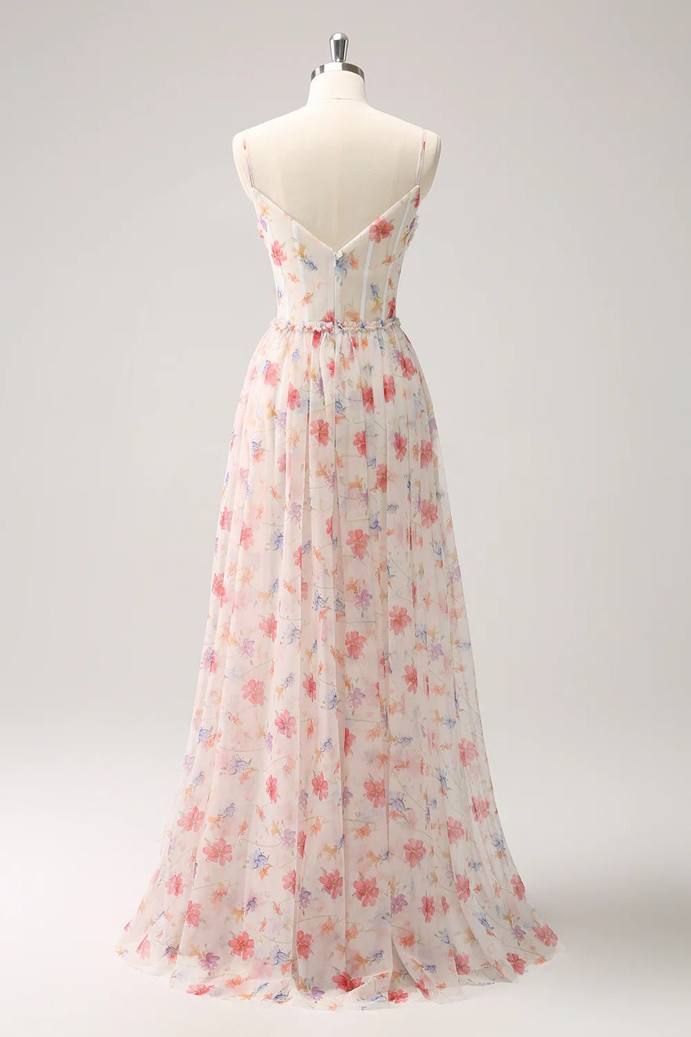 Blush Pink Floral Tulle Spaghetti Strap Maxi Dress with Corset Bodice
