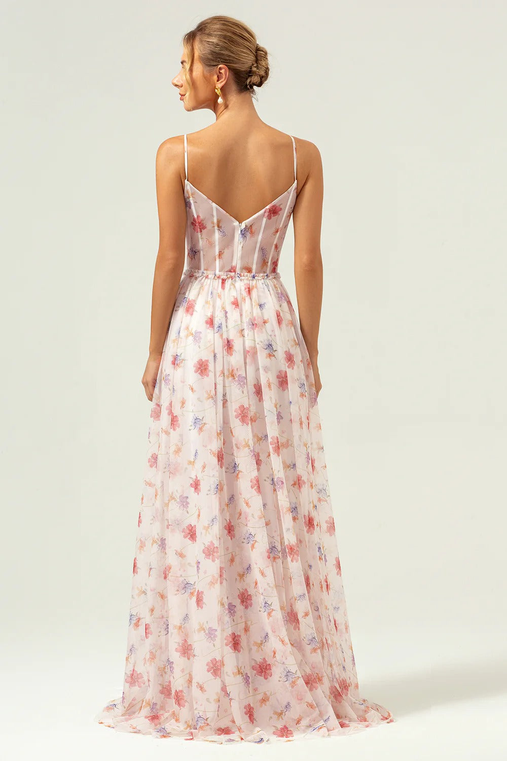 Blush Pink Floral Tulle Spaghetti Strap Maxi Dress with Corset Bodice