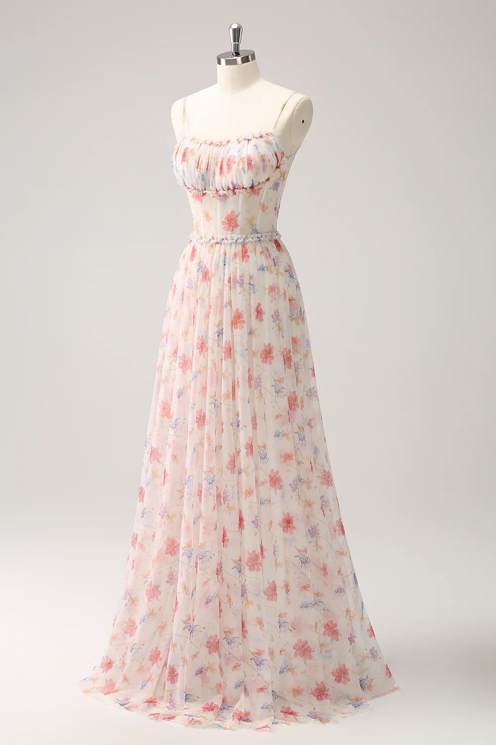 Blush Pink Floral Tulle Spaghetti Strap Maxi Dress with Corset Bodice