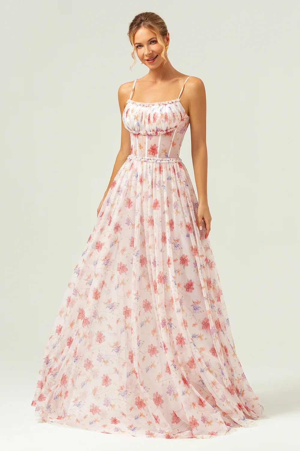 Blush Pink Floral Tulle Spaghetti Strap Maxi Dress with Corset Bodice