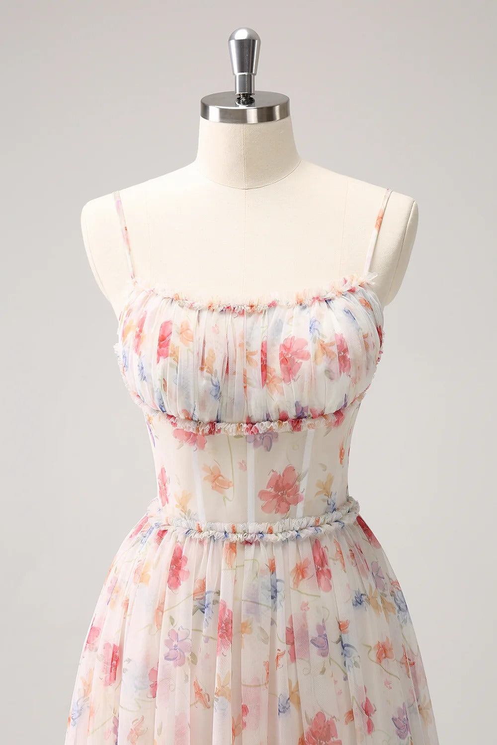 Blush Pink Floral Tulle Spaghetti Strap Maxi Dress with Corset Bodice