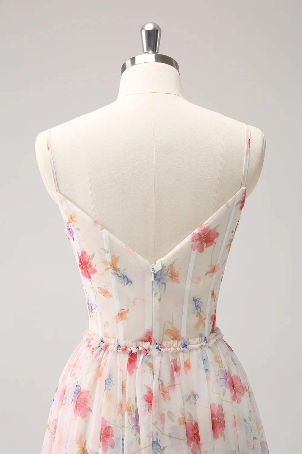 Blush Pink Floral Tulle Spaghetti Strap Maxi Dress with Corset Bodice