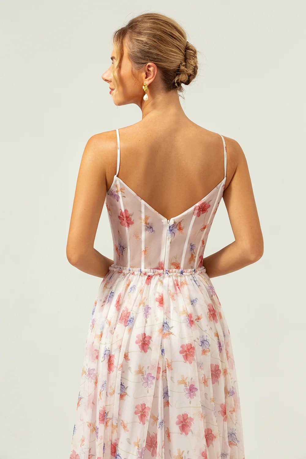 Blush Pink Floral Tulle Spaghetti Strap Maxi Dress with Corset Bodice