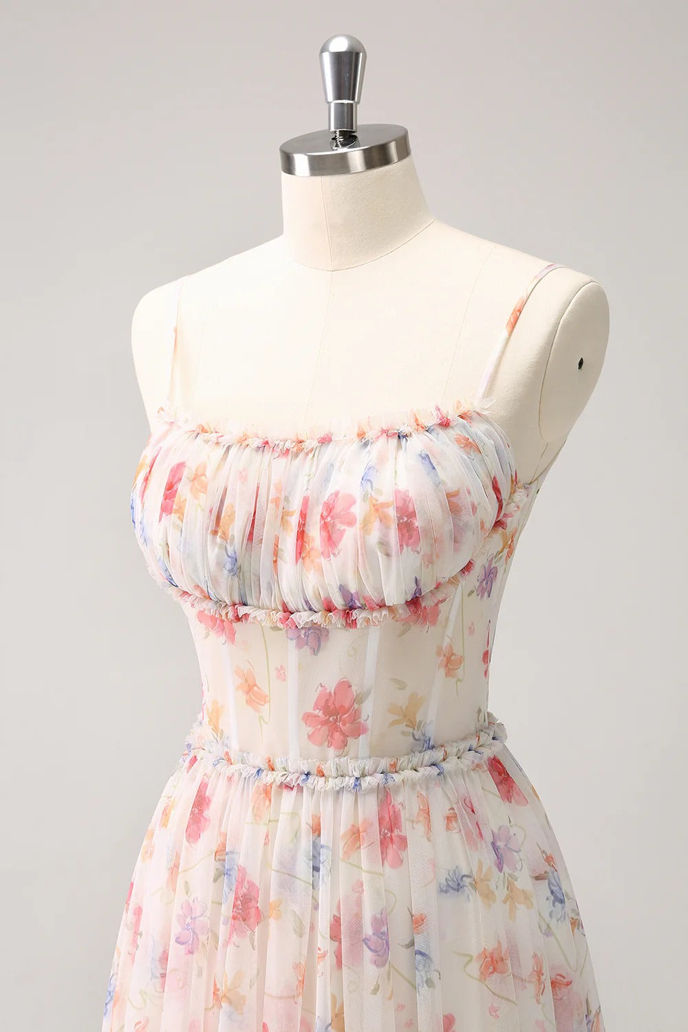 Blush Pink Floral Tulle Spaghetti Strap Maxi Dress with Corset Bodice