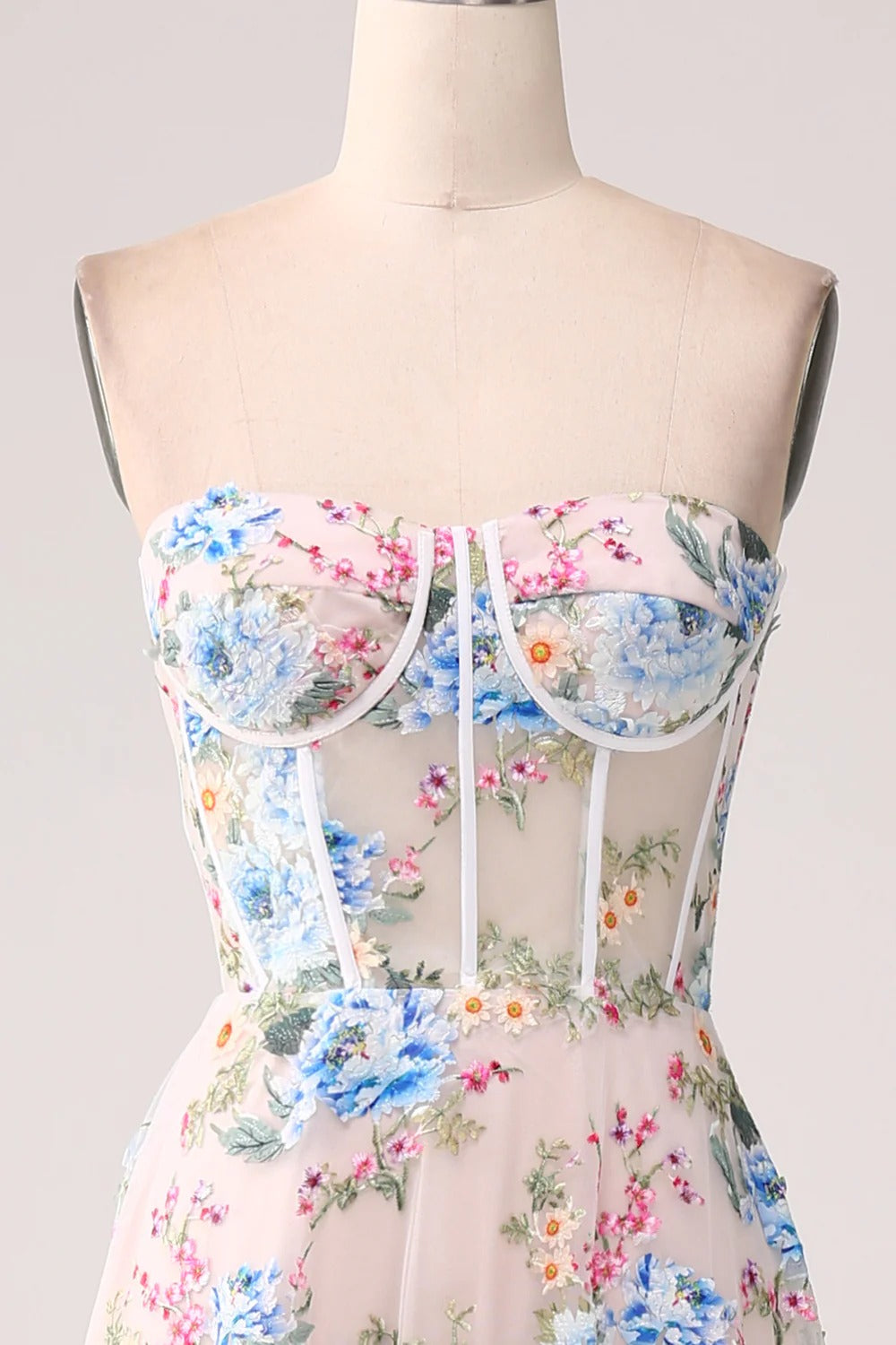 Blush Pink Multicolored Floral Embroidered Strapless Corset Tulle Gown with Train
