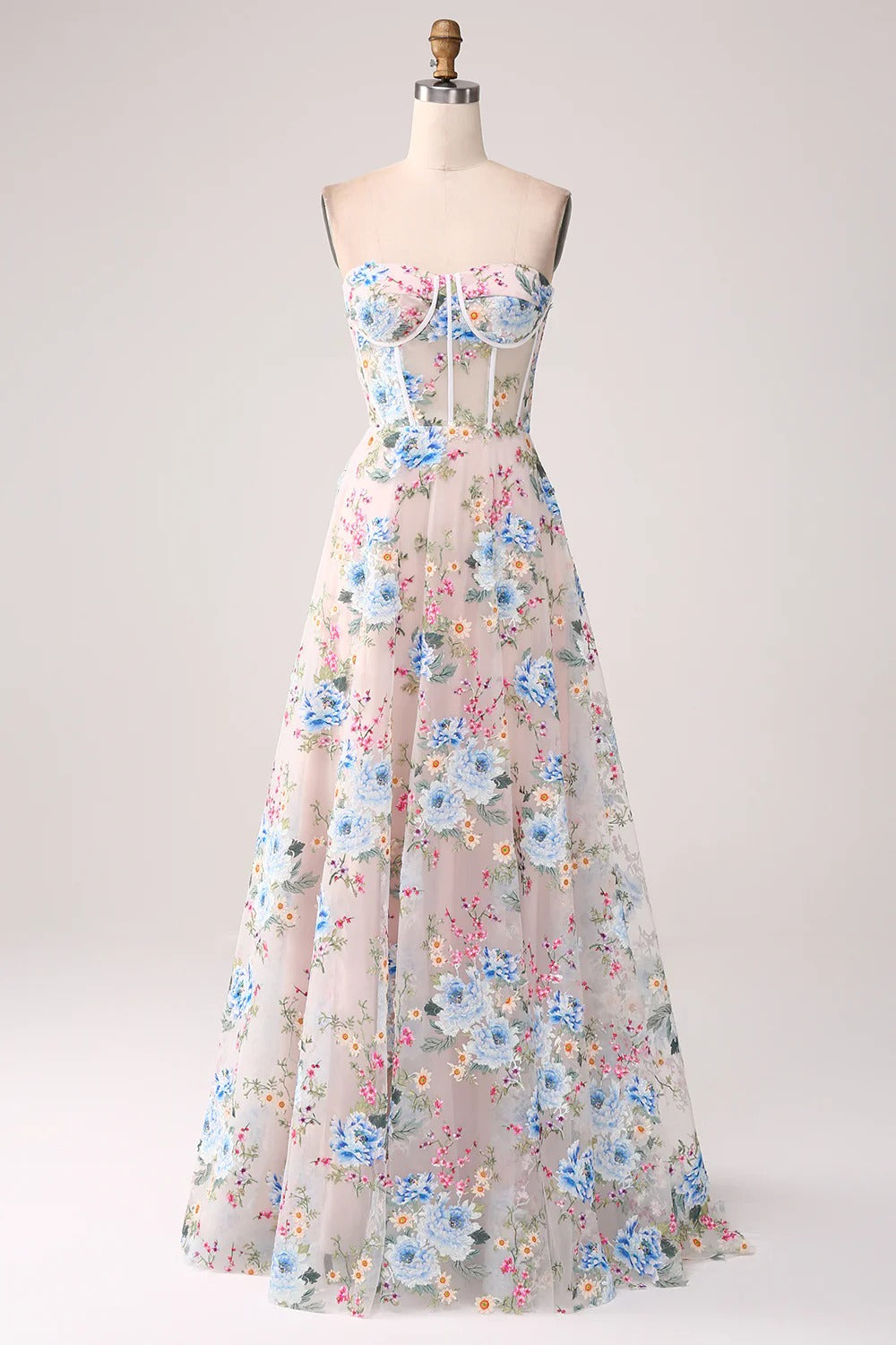 Blush Pink Multicolored Floral Embroidered Strapless Corset Tulle Gown with Train
