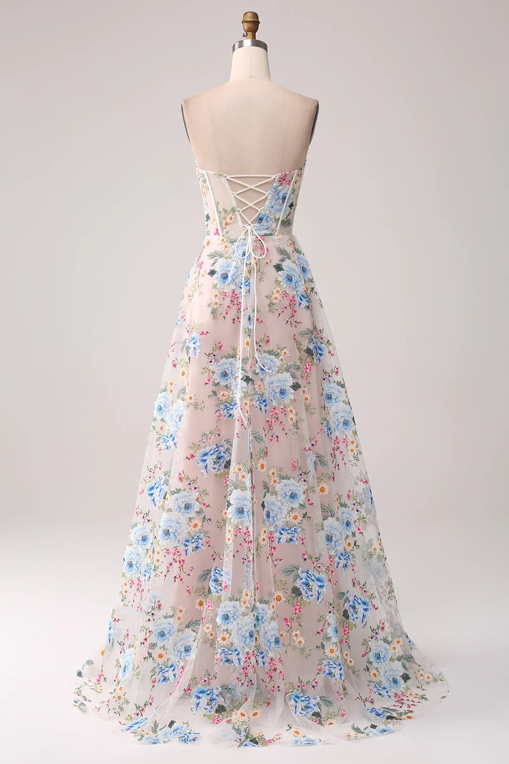 Blushing Pink Floral Print Boned Bodice A-Line Floor-Length Bridesmaid Dress