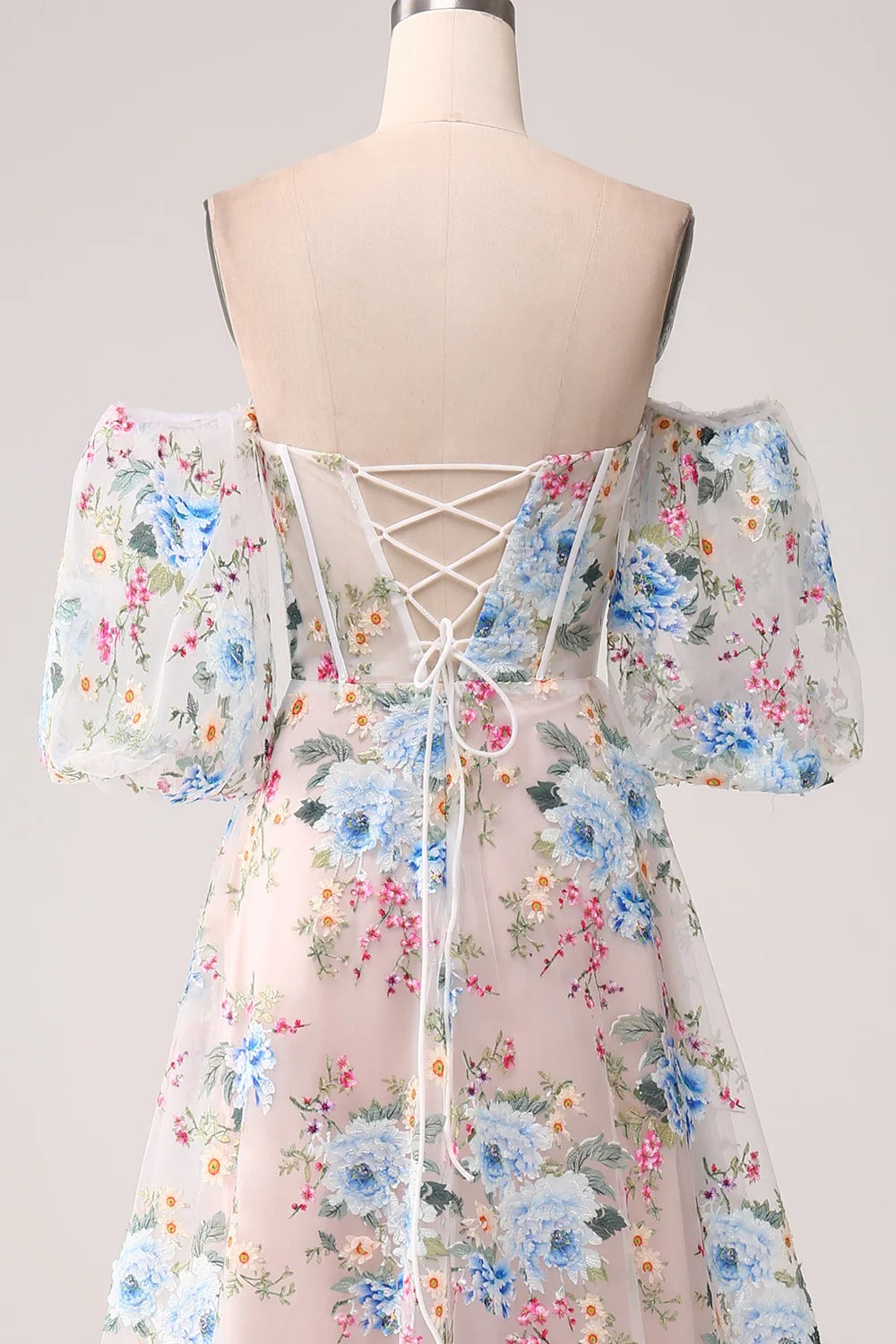 Blushing Pink Floral Print Boned Bodice A-Line Floor-Length Bridesmaid Dress