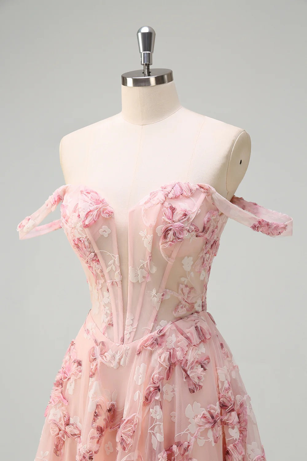 Blush Pink Off-the-Shoulder 3D Floral Embroidered Tulle Gown