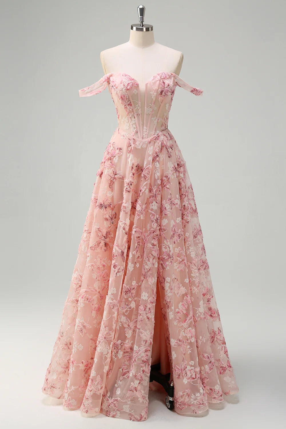 Blush Pink Off-the-Shoulder 3D Floral Embroidered Tulle Gown