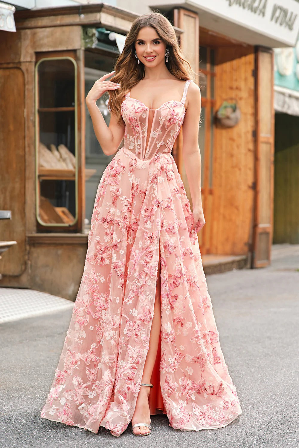 Blush Pink Off-the-Shoulder 3D Floral Embroidered Tulle Gown