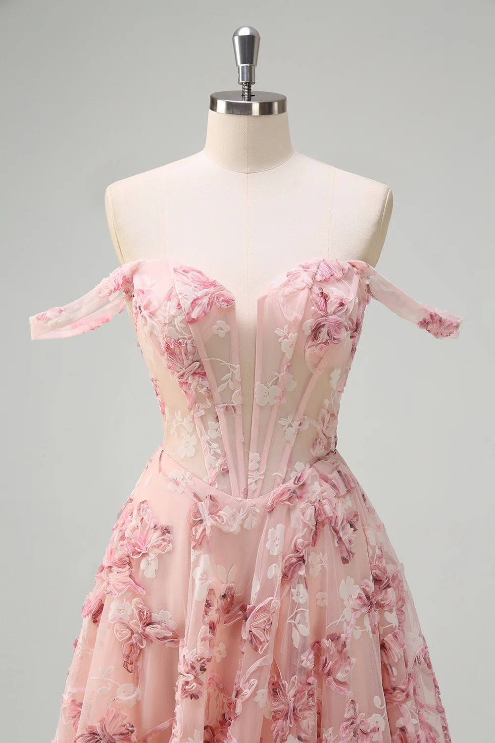 Blush Pink Off-the-Shoulder 3D Floral Embroidered Tulle Gown