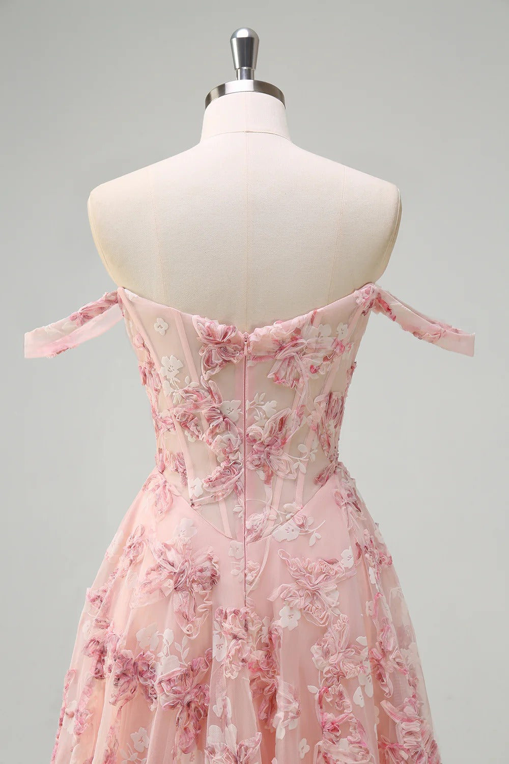 Blush Pink Off-the-Shoulder 3D Floral Embroidered Tulle Gown