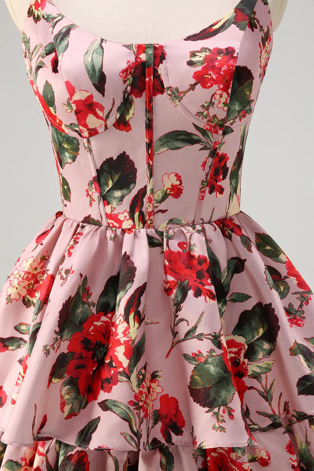 Blush Pink Red Floral Tiered Satin Maxi Dress with Spaghetti Straps