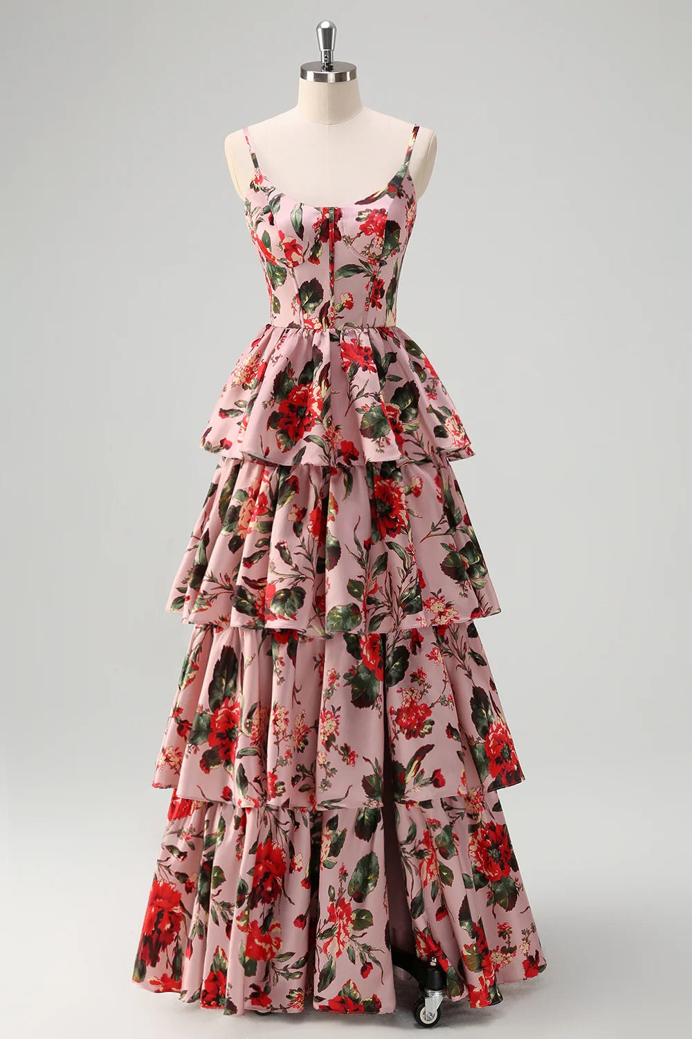 Blush Pink Red Floral Tiered Satin Maxi Dress with Spaghetti Straps