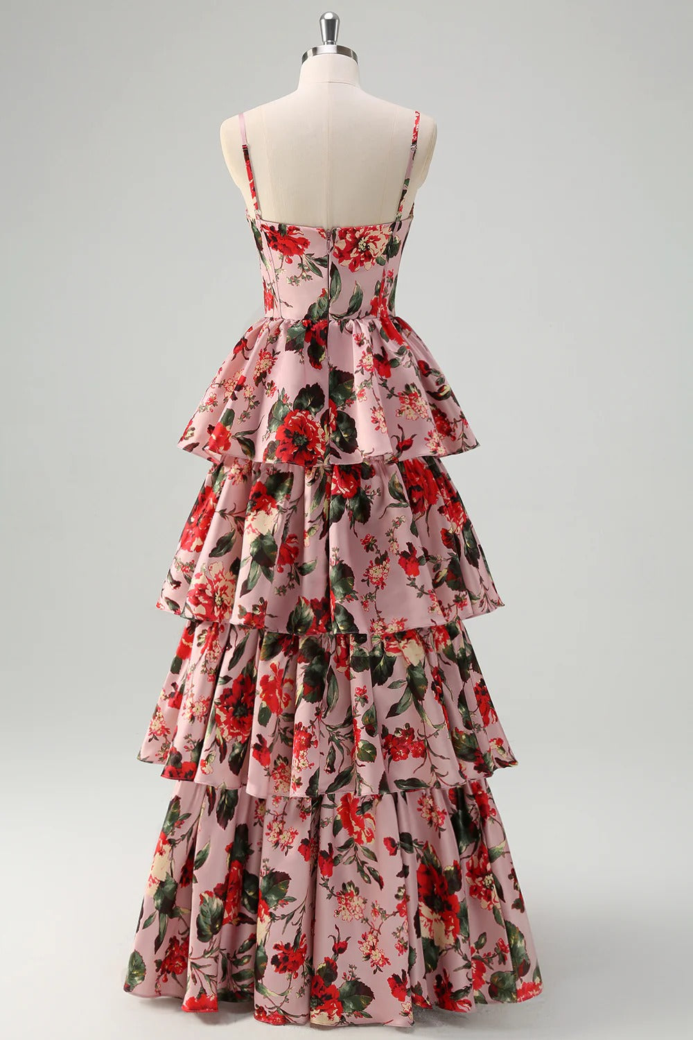 Blush Pink Red Floral Tiered Satin Maxi Dress with Spaghetti Straps