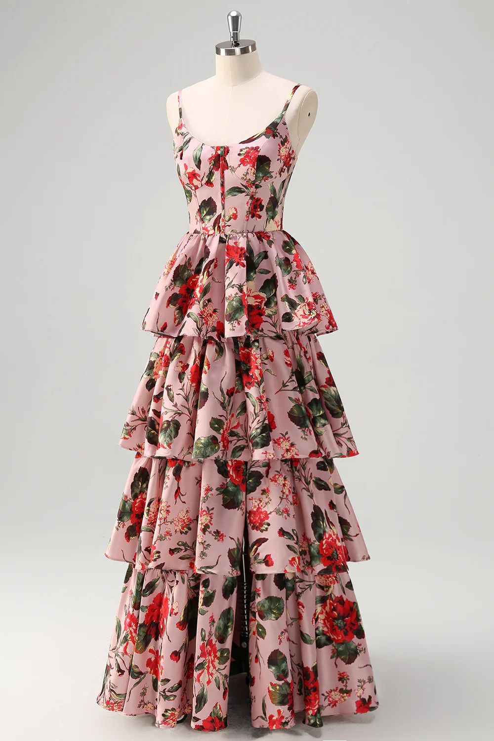 Blush Pink Red Floral Tiered Satin Maxi Dress with Spaghetti Straps