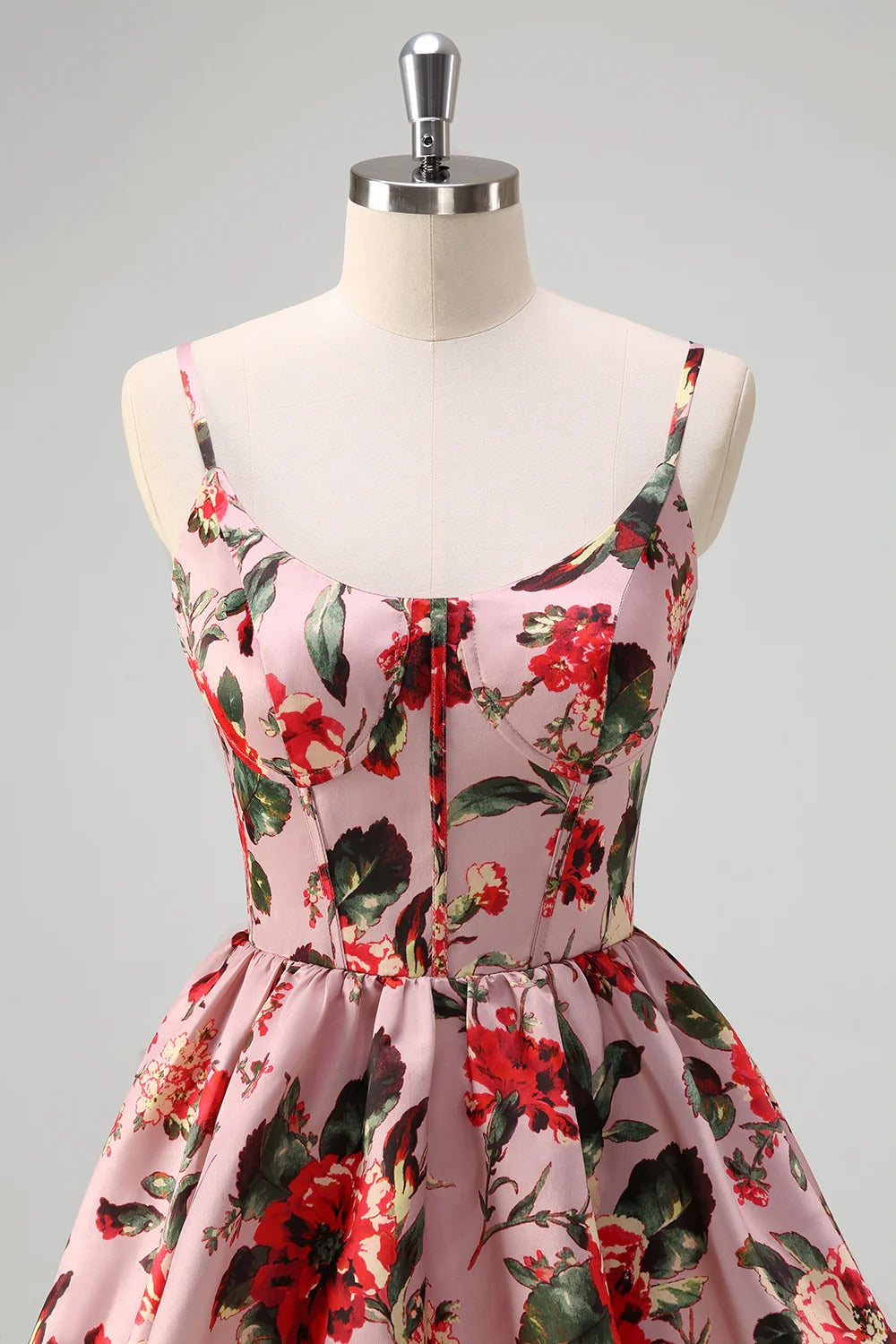 Blush Pink Red Floral Tiered Satin Maxi Dress with Spaghetti Straps