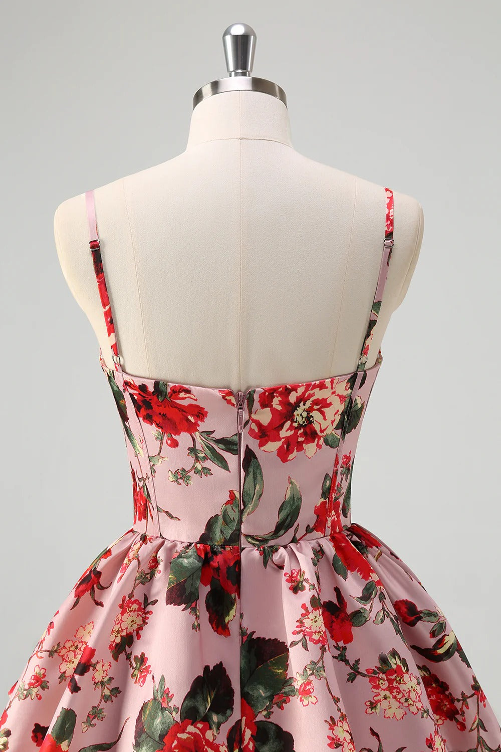 Blush Pink Red Floral Tiered Satin Maxi Dress with Spaghetti Straps