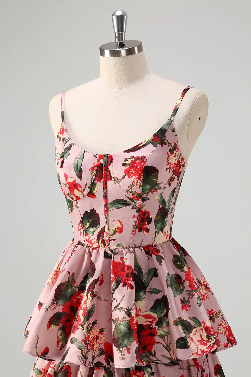 Blush Pink Red Floral Tiered Satin Maxi Dress with Spaghetti Straps
