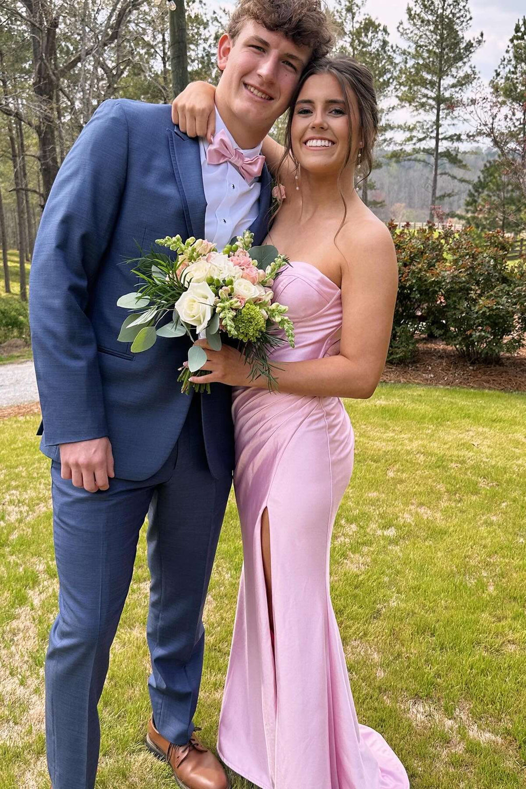 Blushing Pink Satin Mermaid Floor-Length Bridesmaid Dress with High Slit