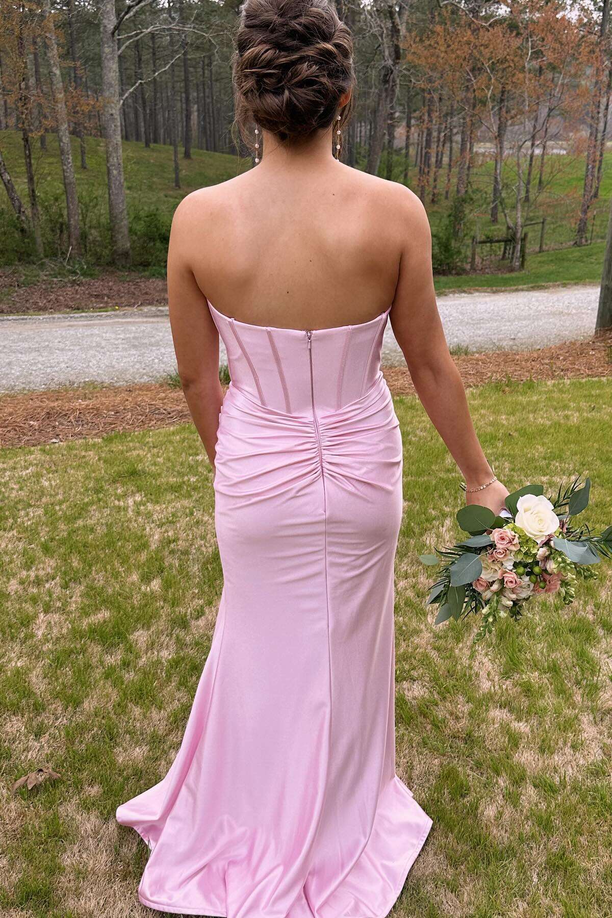 Blush Pink Strapless Satin Prom Dress with Corset Bodice & Mermaid Hem