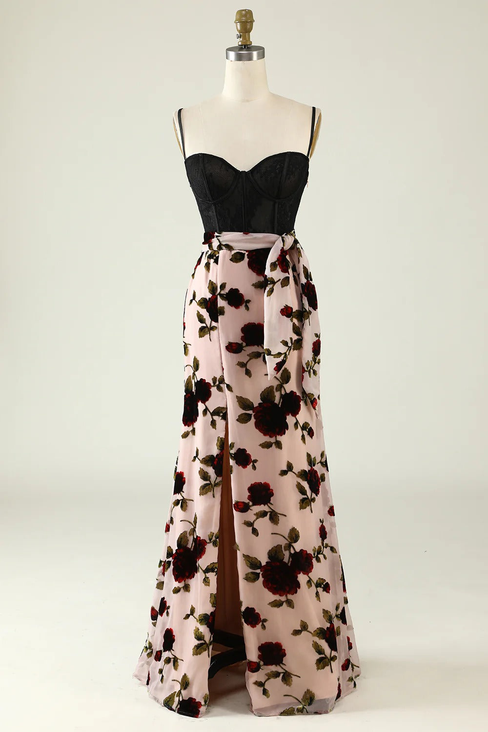Blush Velvet Rose Print Maxi Dress – Spaghetti Strap Corset Dress with Waist Tie & High Slit