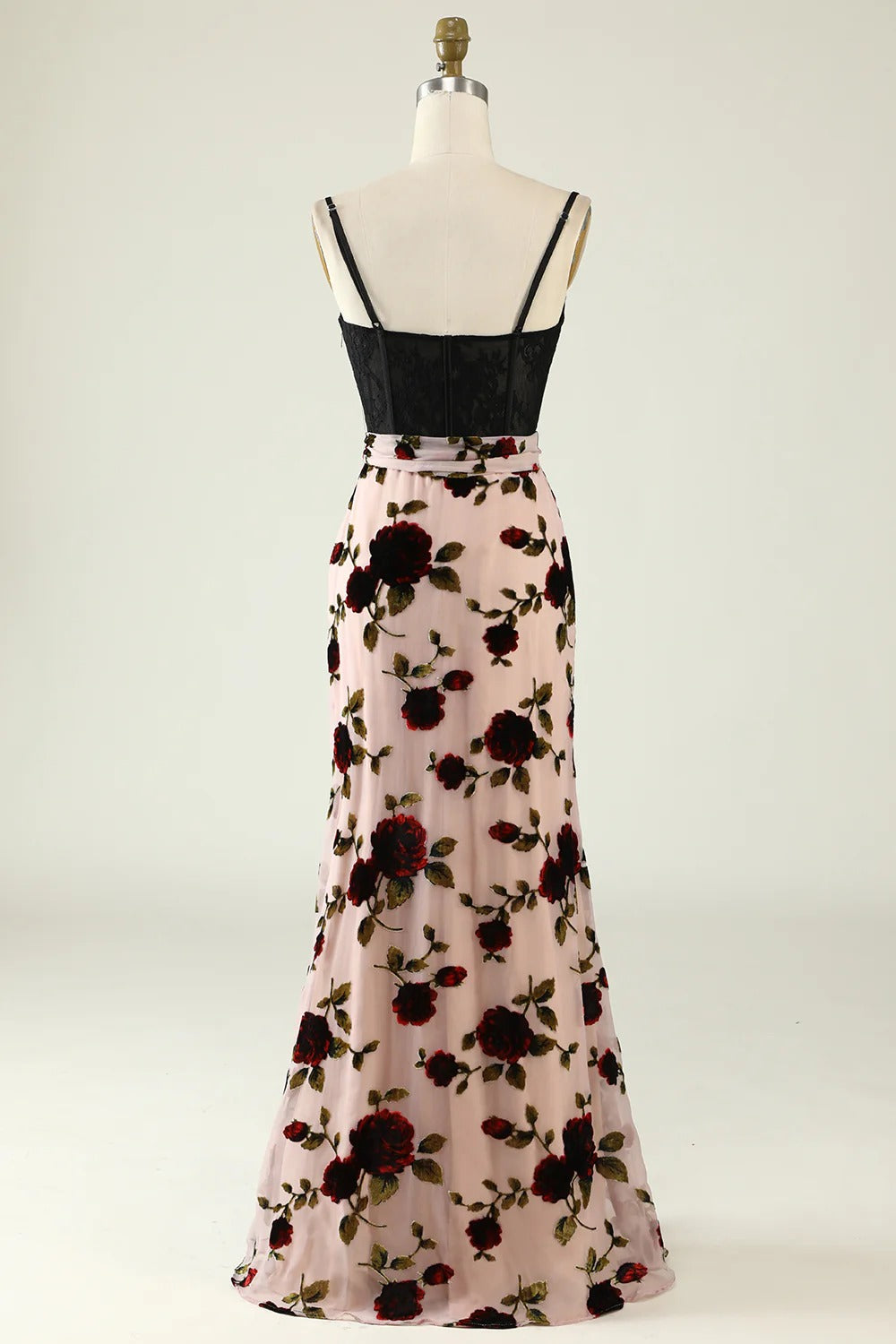 Blush Velvet Rose Print Maxi Dress – Spaghetti Strap Corset Dress with Waist Tie & High Slit