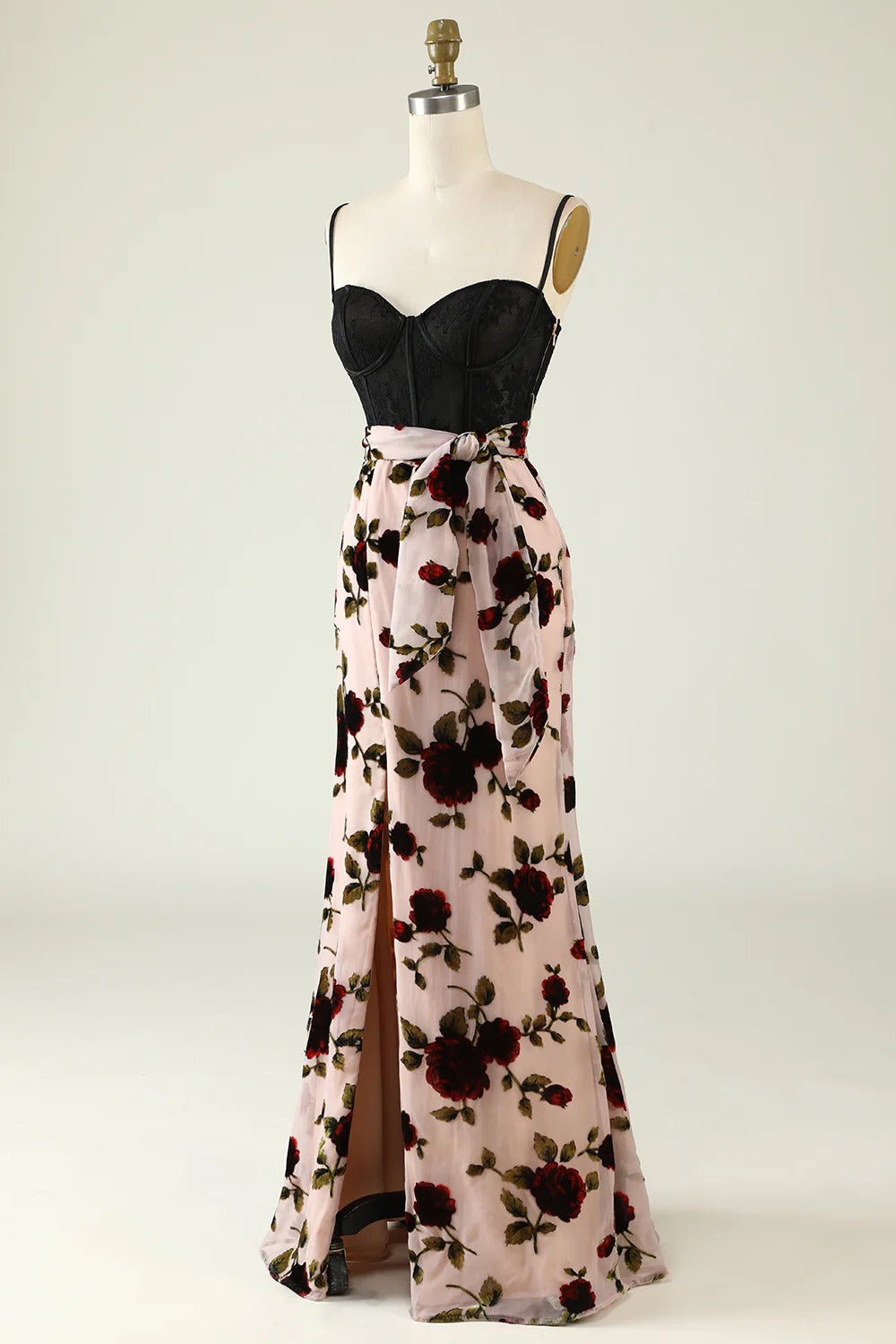 Blush Velvet Rose Print Maxi Dress – Spaghetti Strap Corset Dress with Waist Tie & High Slit