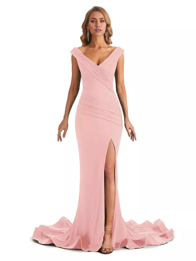 Vestido de dama de honor largo, formal, sin mangas, con escote en V y hombros descubiertos, de estilo sirena y sexy