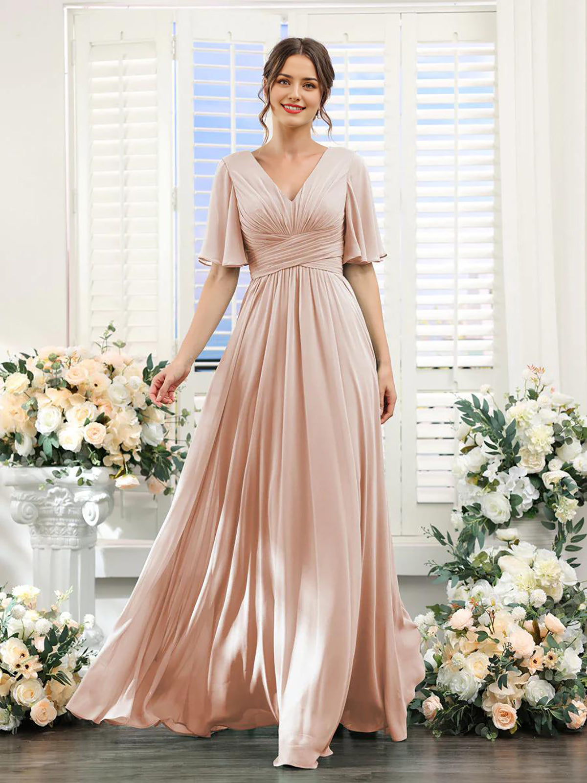Mint Green Chiffon A-Line Floor-Length Bridesmaid Dress | V-Neck, Ruched Bodice & High Slit
