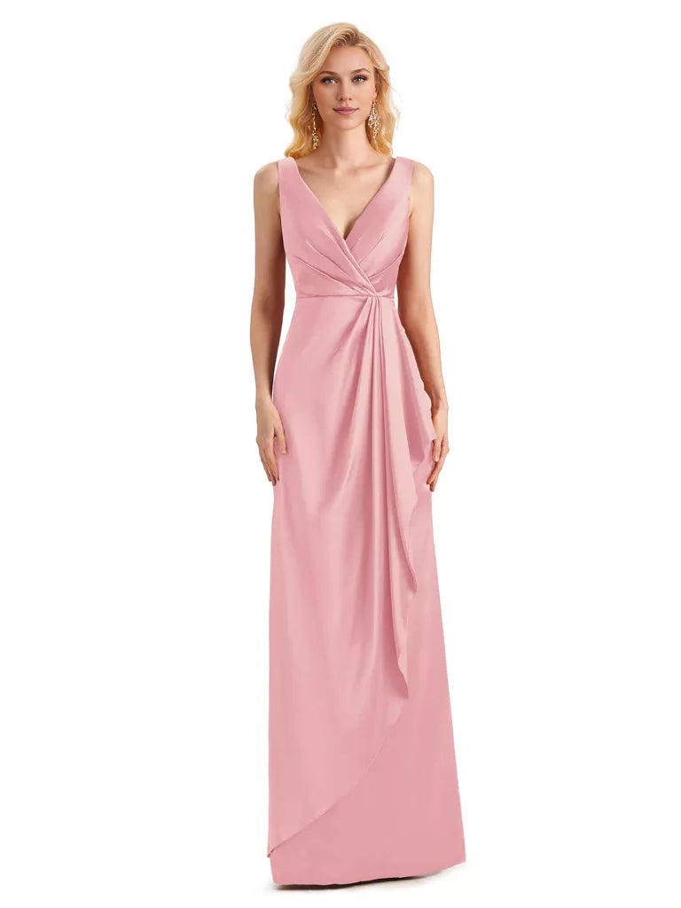 Elegantes vestidos de dama de honor formales, largos hasta el suelo, de satén suave, con escote en V y sin mangas