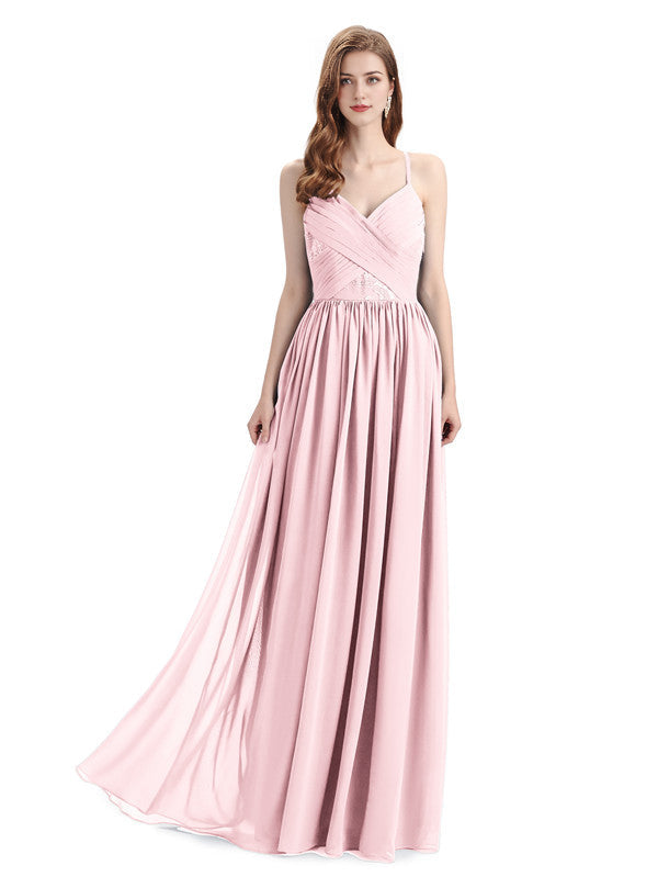Elegantes vestidos de dama de honor de gasa con tirantes finos, corte A, escote en V y largo hasta el suelo