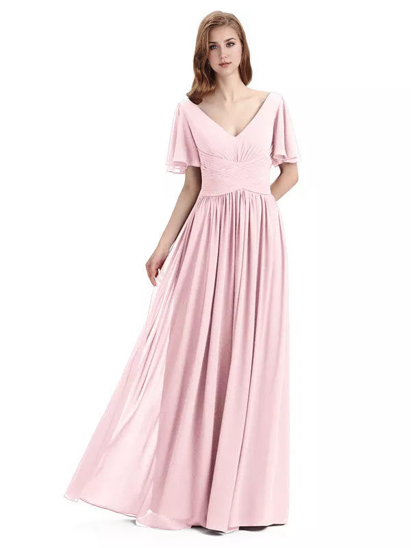 Vestidos de dama de honor elegantes de gasa con escote en V, mangas cortas y largo hasta el suelo