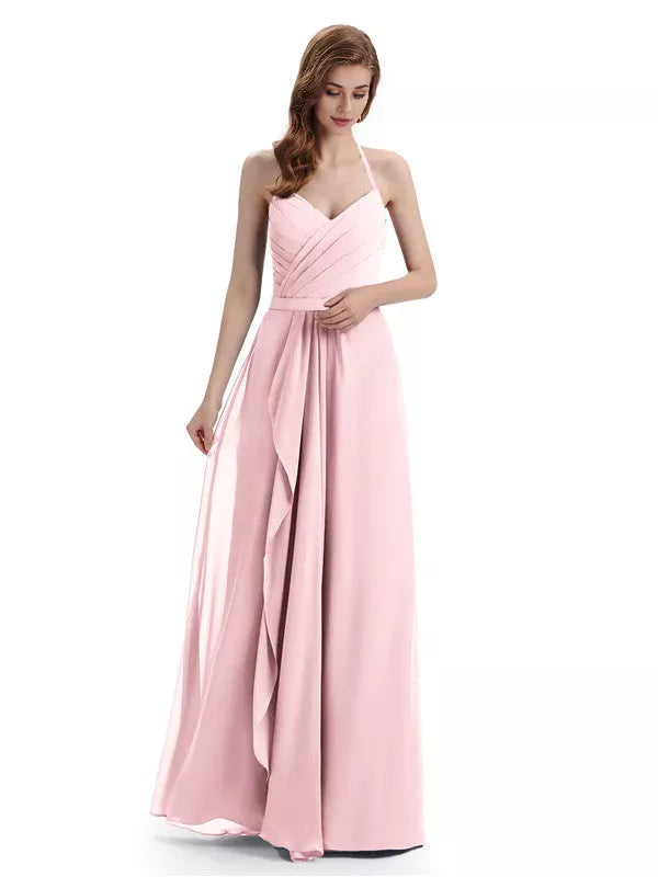 Encantadores vestidos de dama de honor con escote en V, hombros descubiertos, sin mangas y hasta el suelo