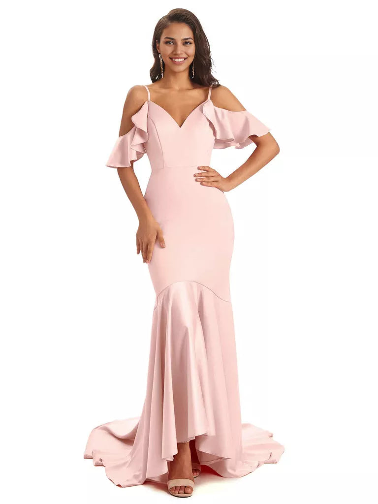 Soft Satin Asymmetric Spaghetti Straps Sleeveless Mermaid Cold Shoulder Bridesmaid Dresses